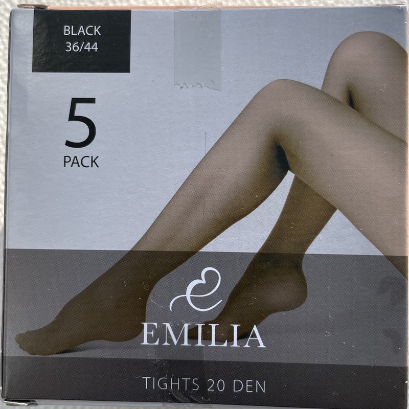 KUVA 1:  Uudet EMILIA sukkahousut 5 paria, väri  musta, 20 den.
Koko 36-44. 